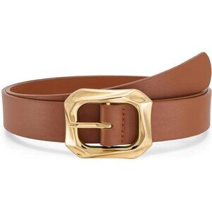 Leather Belt – Gold Square Buckle Adjustable Fashion Belt for Jeans